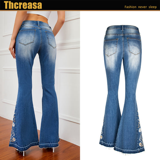 Women's Flared Three-dimensional Embroidery Trousers Bell-bottom Jeans
