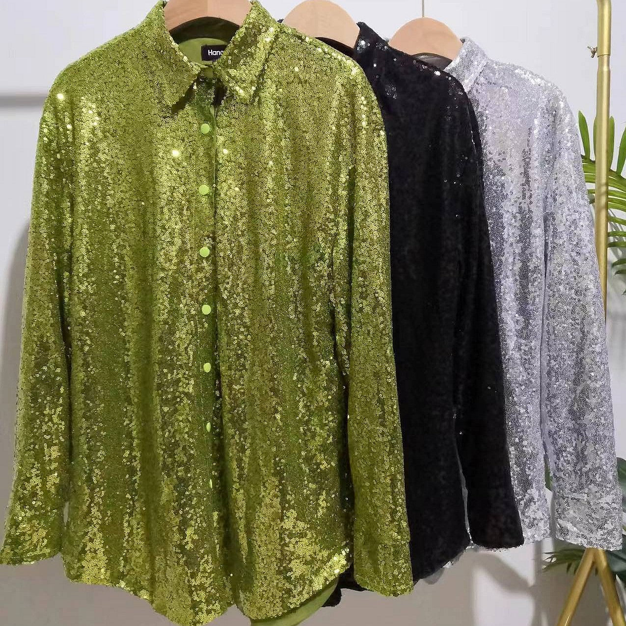 Women's Sequin Long Sleeve Loose Large Mid-length Blouses