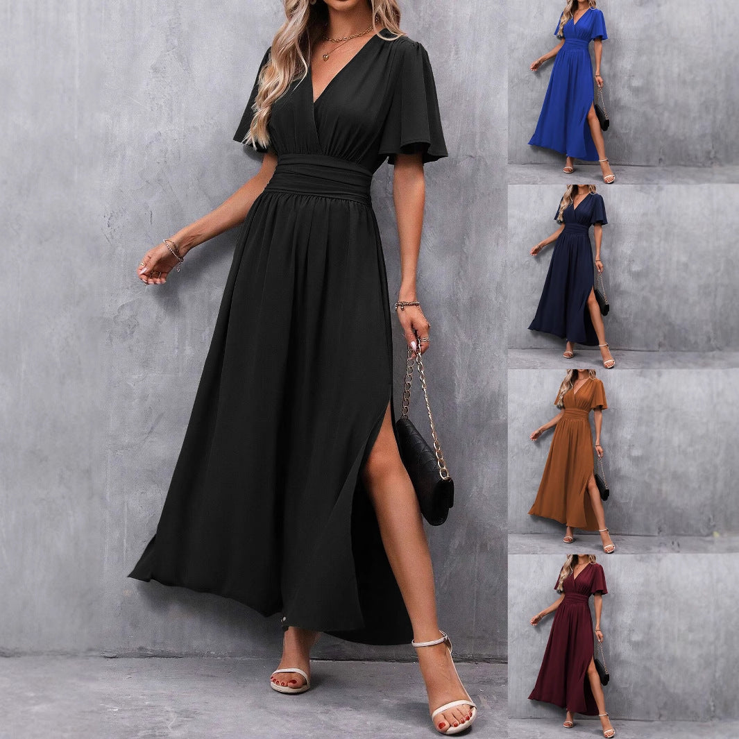 Women's Elegant Flying Sleeves Back Waist Smocking High Slit Clothing