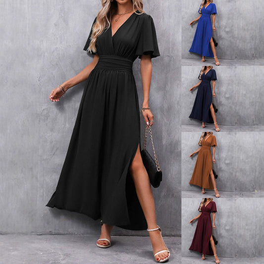 Women's Elegant Flying Sleeves Back Waist Smocking High Slit Clothing