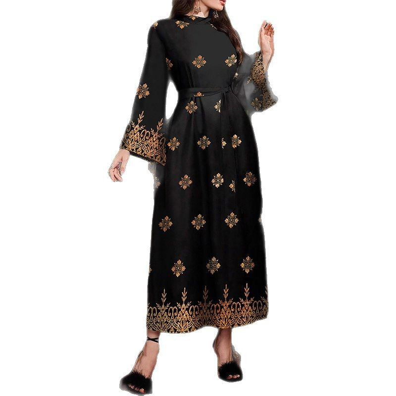 Women's Fashion Printed Black Long-sleeved Long Tight Waist Temperament Slimming Dress