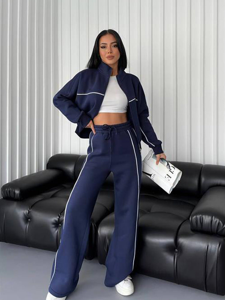 Casual Long Sleeve Half Turtleneck Striped Suits