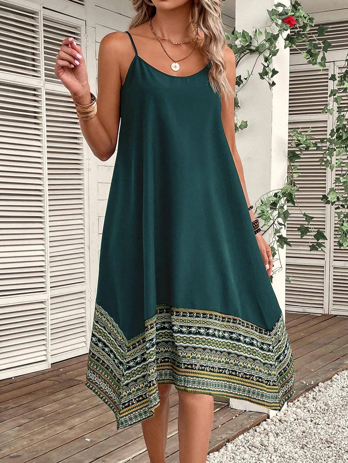 Summer Sling Stitching Printing Irregular Hem Dress