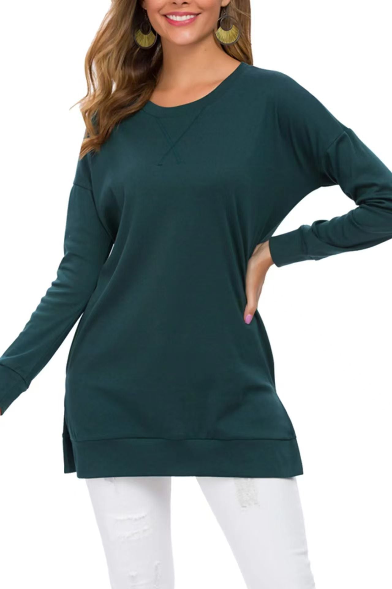 Women's Popular Slit Loose Round Neck Long Blouses
