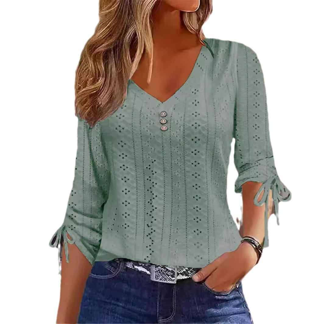 Solid Color Jacquard Button Long-sleeved T-shirt Tops