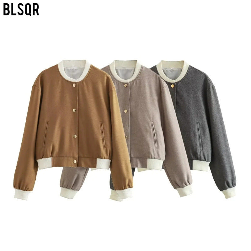 Women's Stand Collar Double Pocket Contrast Color Jackets