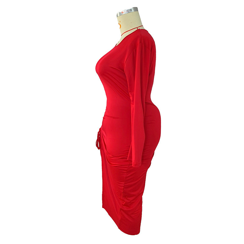 Women's Round Neck Long Sleeves Solid Color Dress