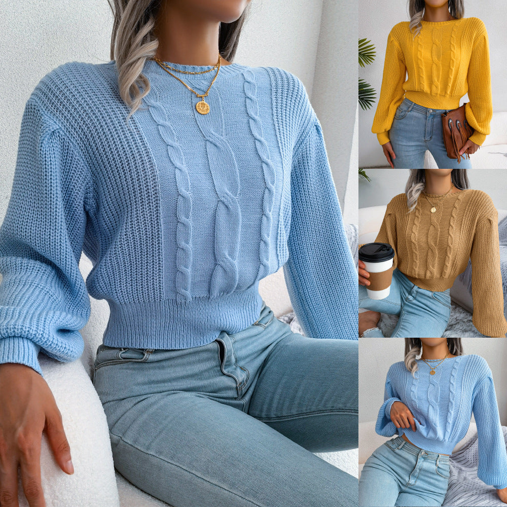 Women's Wind Casual Twist Lantern Sleeve Waist Trimming Sweater