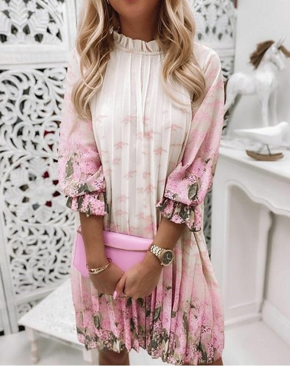Classy Women's Printed Pleated Sleeve Pullover Dress