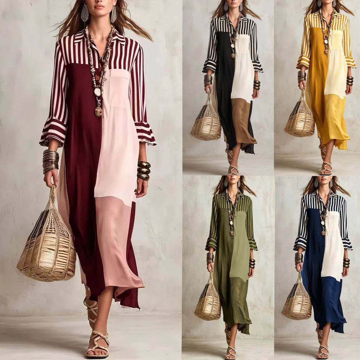 Fashion Elegant Graceful Striped Cropped Sleeve Dress