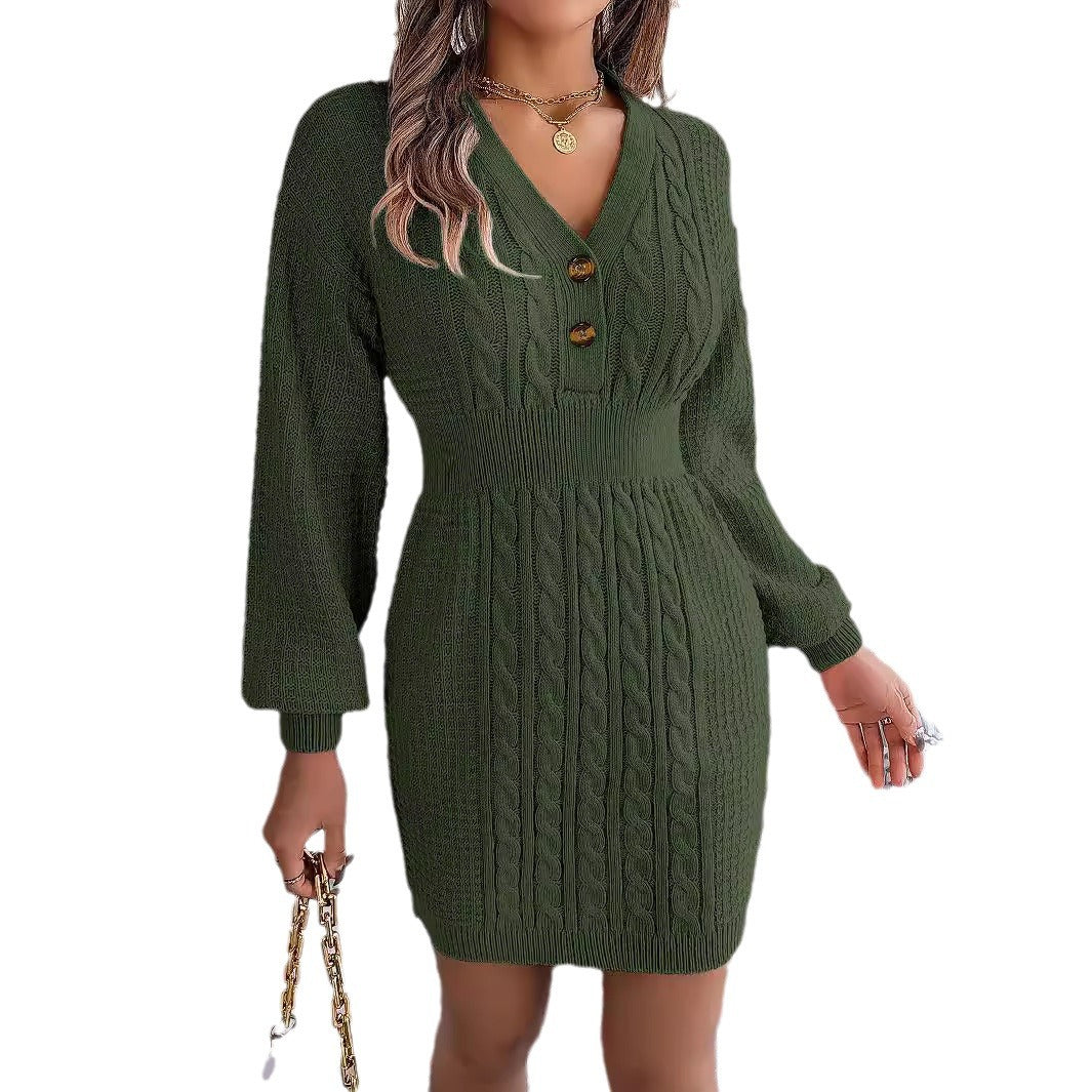 Women's Clearance Button Twist Lantern Sleeve Package Dress