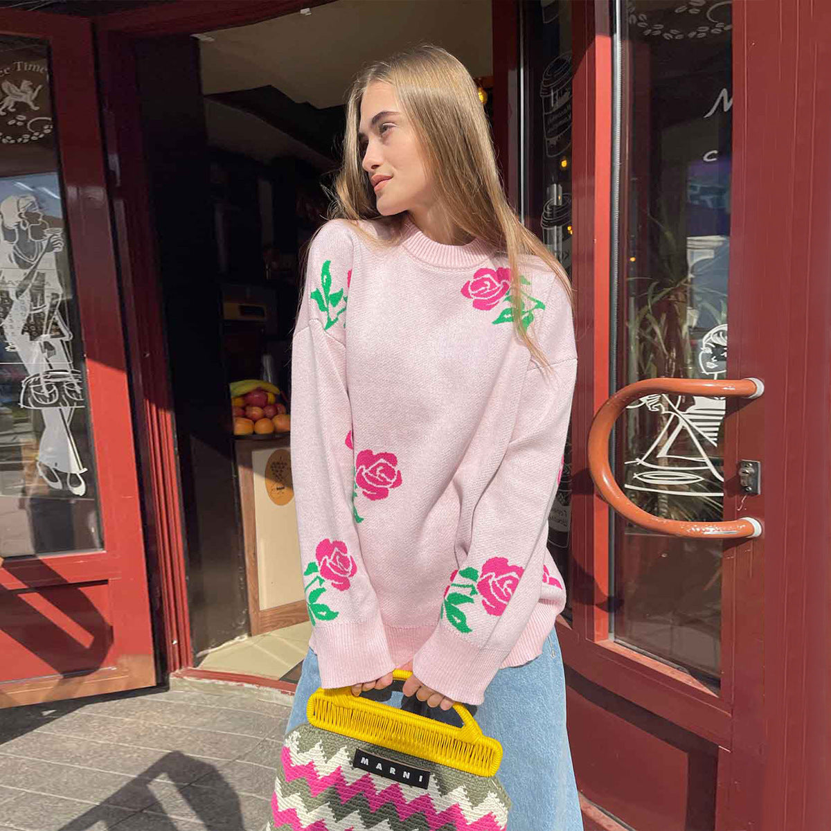 Women's Rose Printed Round Neck Loose Pullover Sweaters