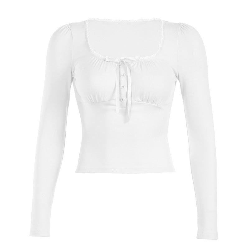 Stitching Breasted Square Collar Sweet Pleated Blouses