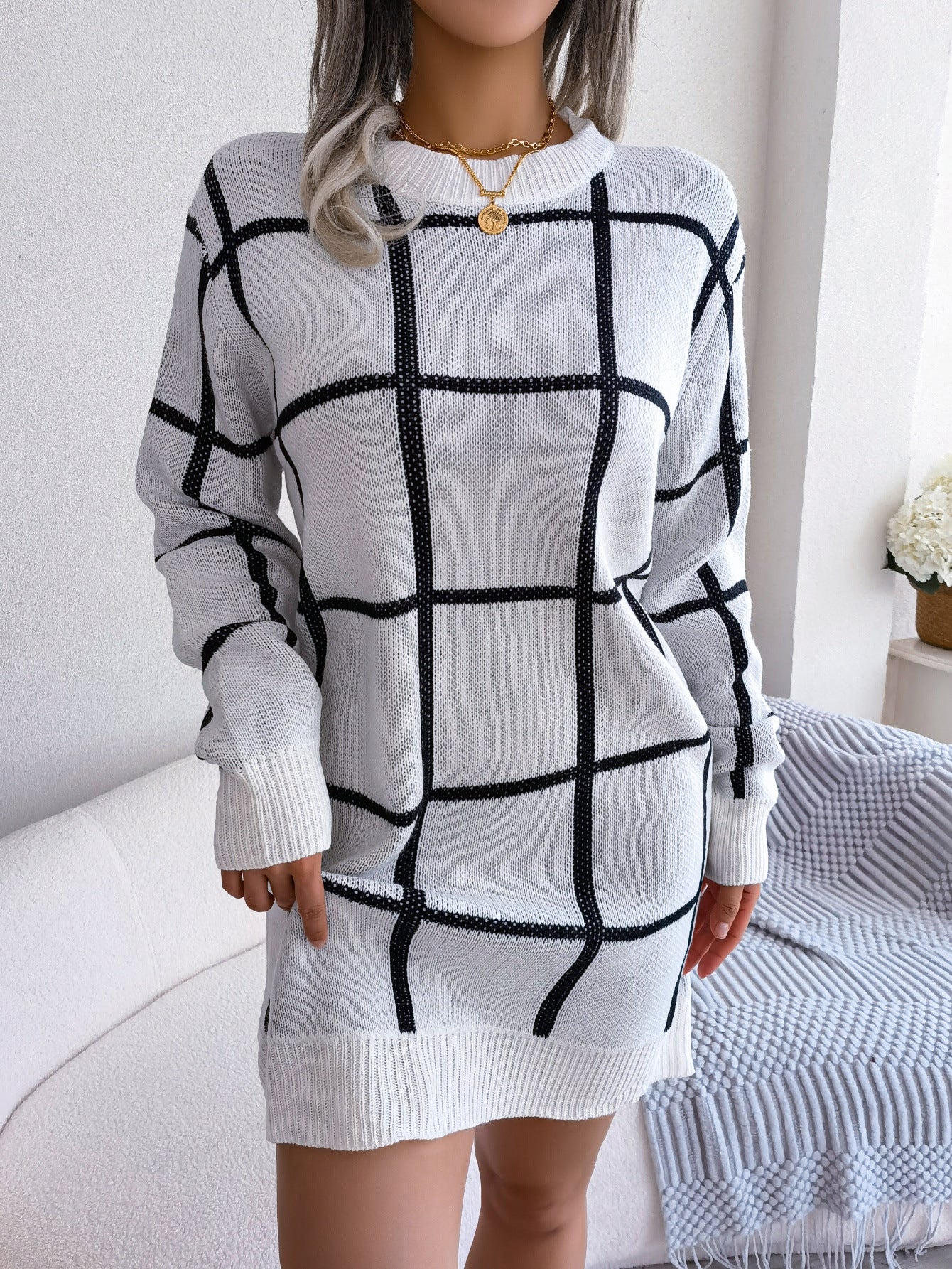 Women's Casual Contrast Color Plaid Long Sleeve Dress