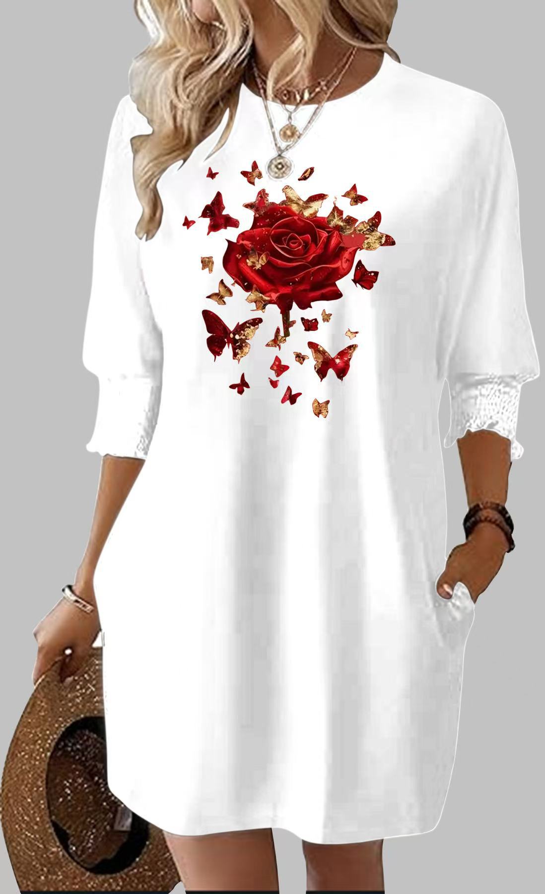 Women's Color Round Neck Loose Middle Sleeve Dresses
