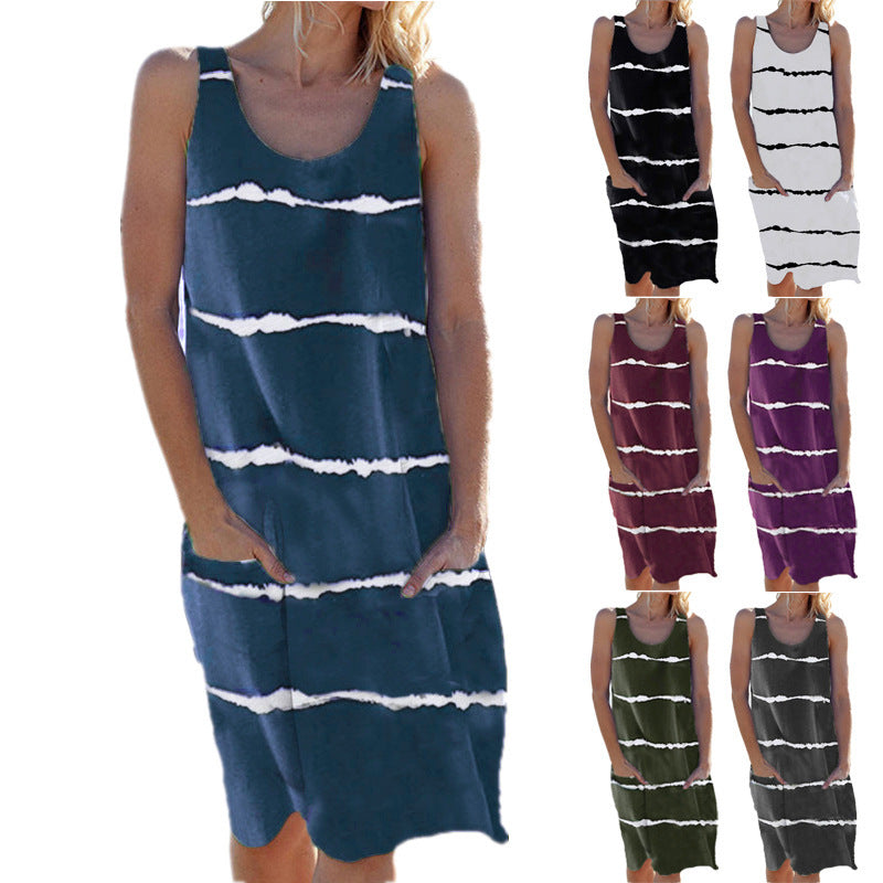 Women's Summer Round Neck Printed Striped Pocket Dress