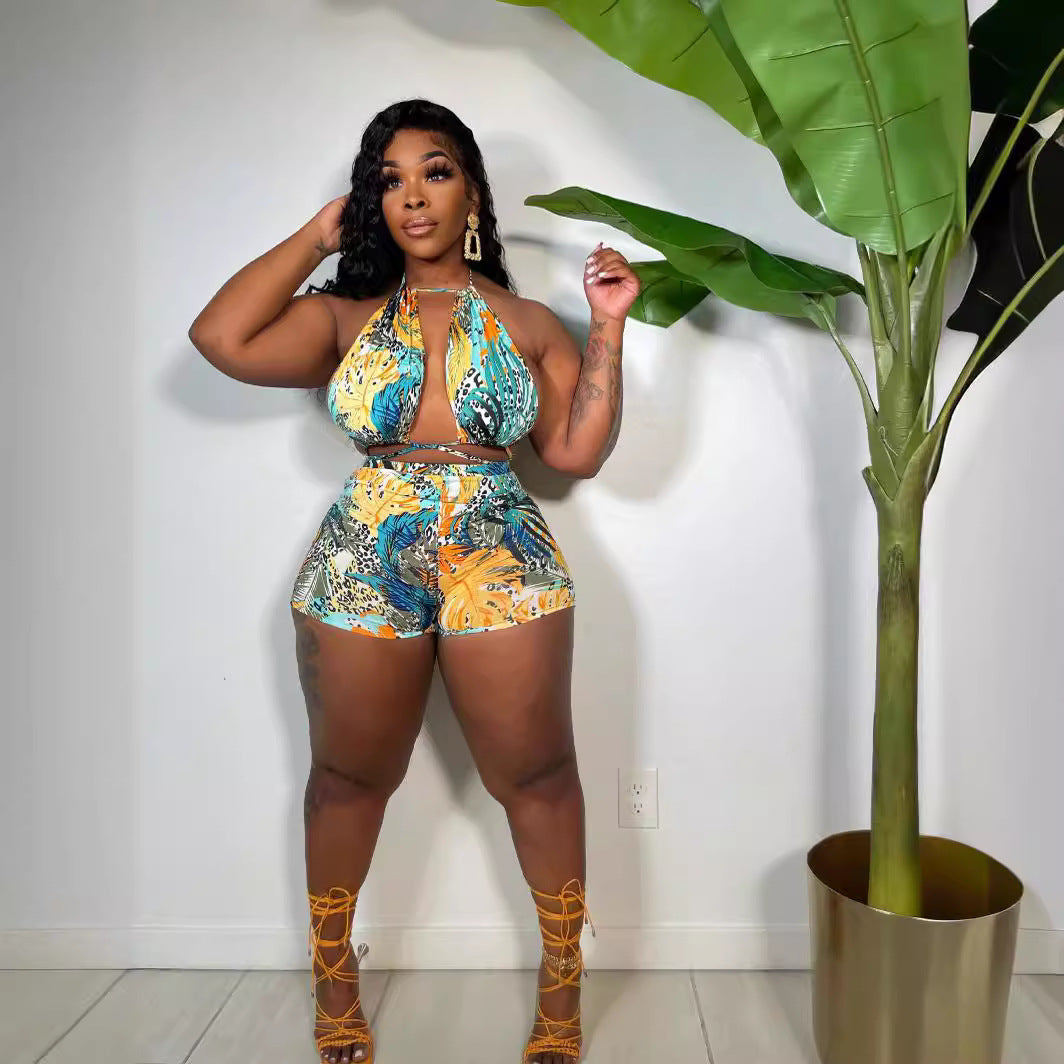 Women's Printed Sleeveless Strap Two-piece Set Fashion Casual Suit