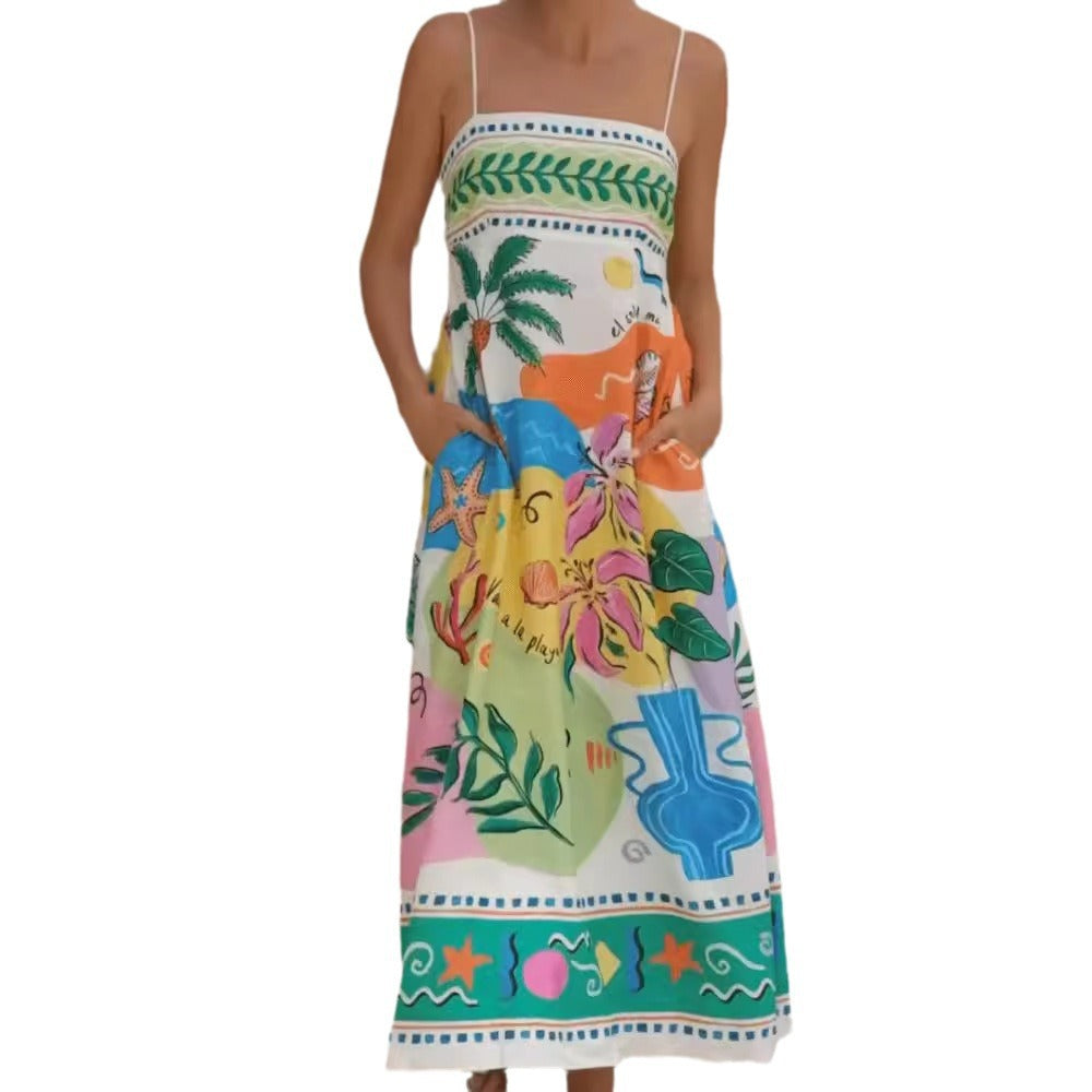 Women's Summer Elegant Positioning Floral Print Spaghetti Straps Dress