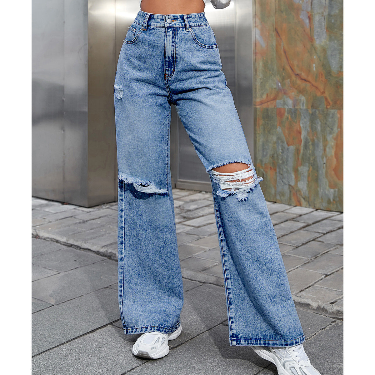 Women's Fashion Holes High Waist Wide Leg Jeans