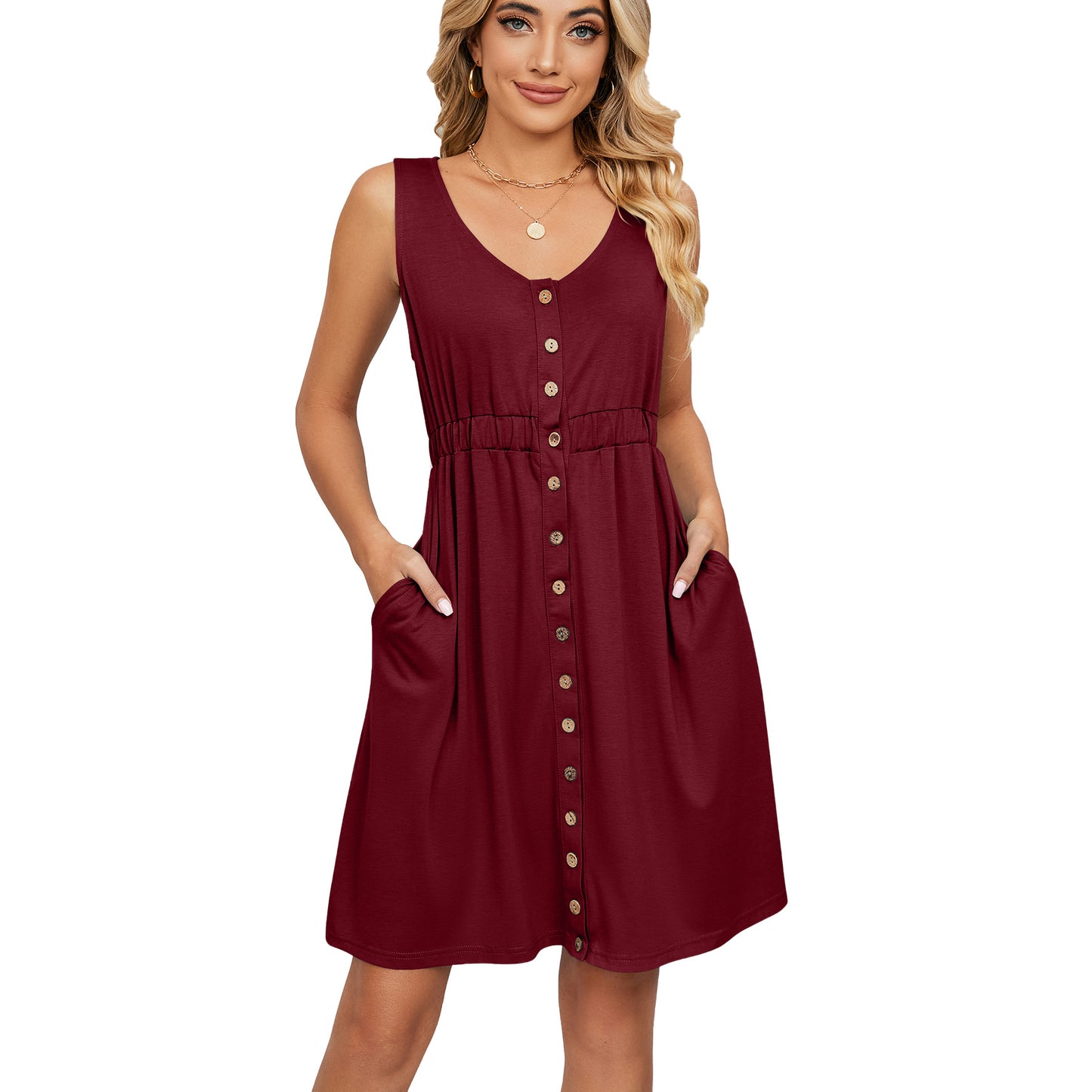 Sleeveless Button Pocket Crew Neck Split Dress