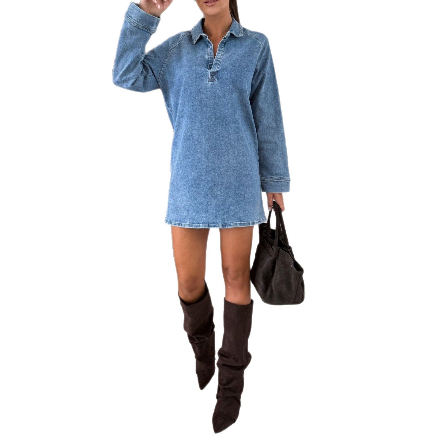 Lapel Long Sleeve Loose Denim Dress Dresses