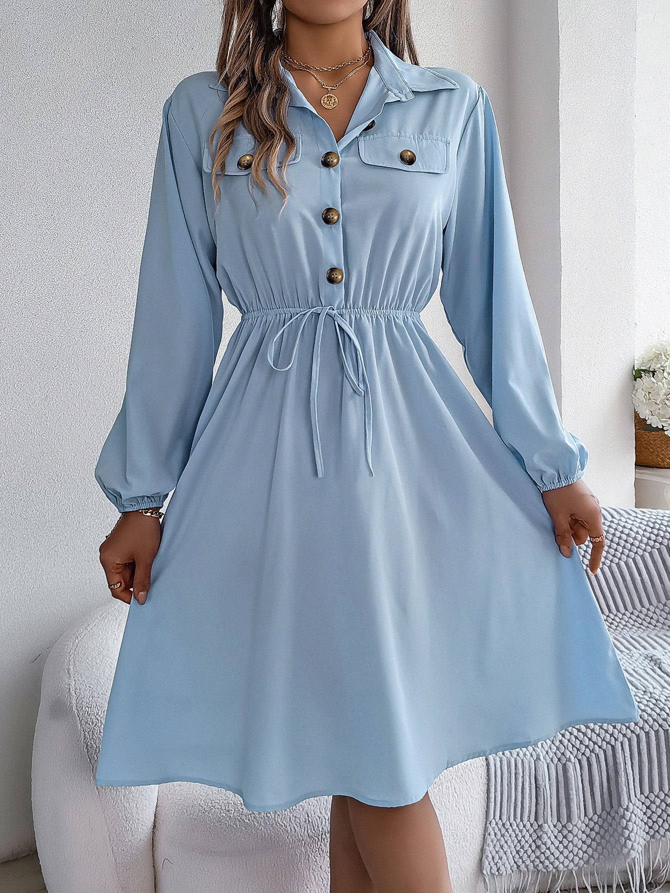 Women's Casual Button Long Sleeves Shirt Dress