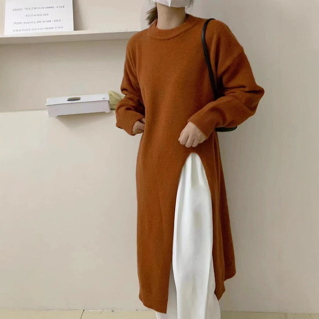 Women's Style Design Knitted Dress Solid Color Loose Pullover Split Sweater