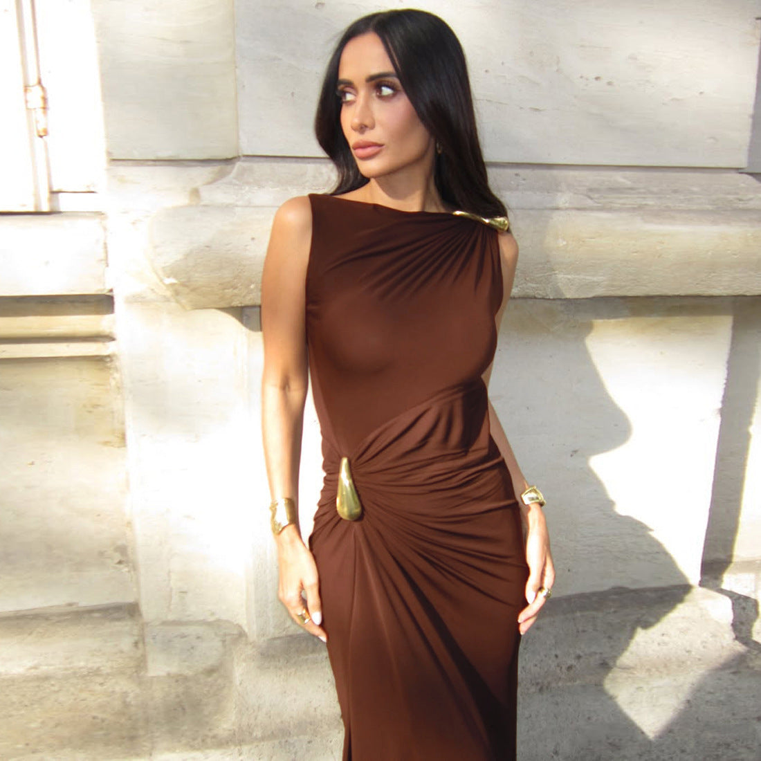 Women's Autumn Sleeveless Metal Decorative Sheath Sexy Dress
