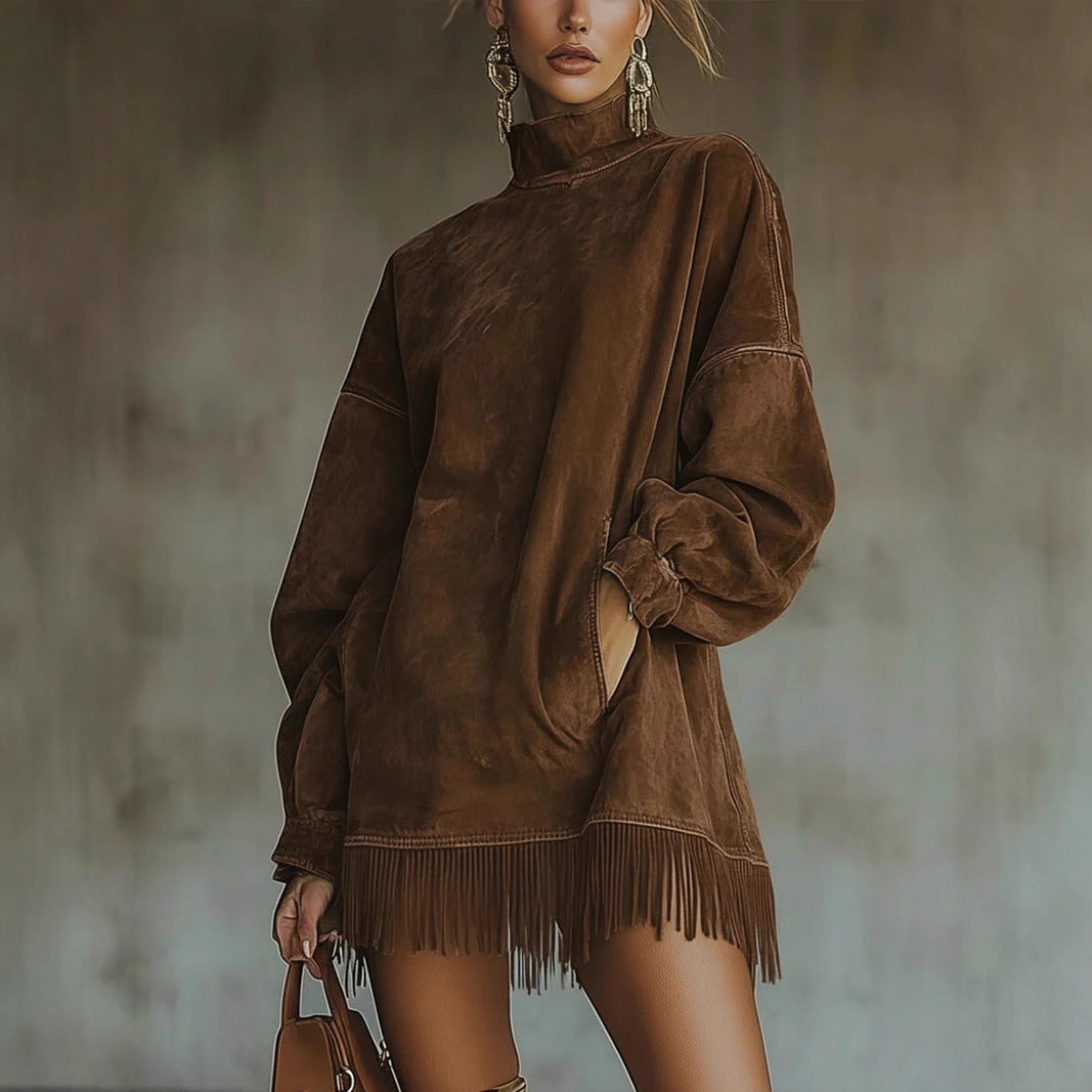 Turtleneck Suede Vintage Loose Pockets Tassel Long Dress