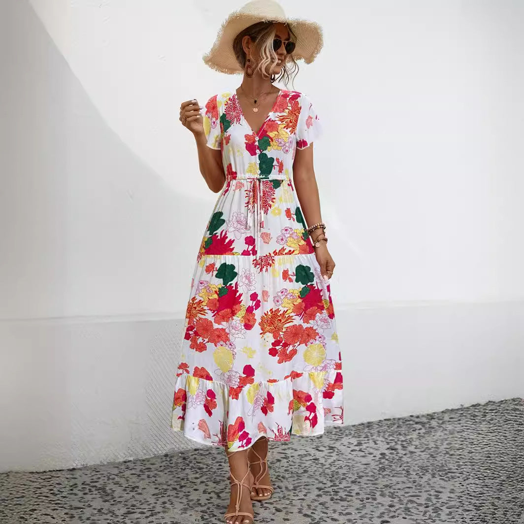 Casual Sleeve Flower Print Button Long Dress