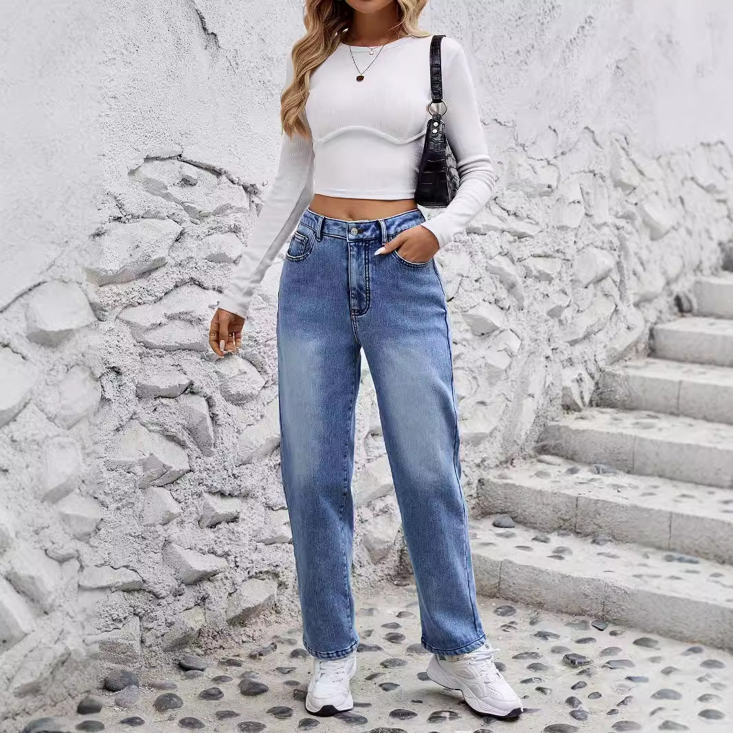 Women's Stretch Fleece Straight Slimming Denim Trousers Jeans