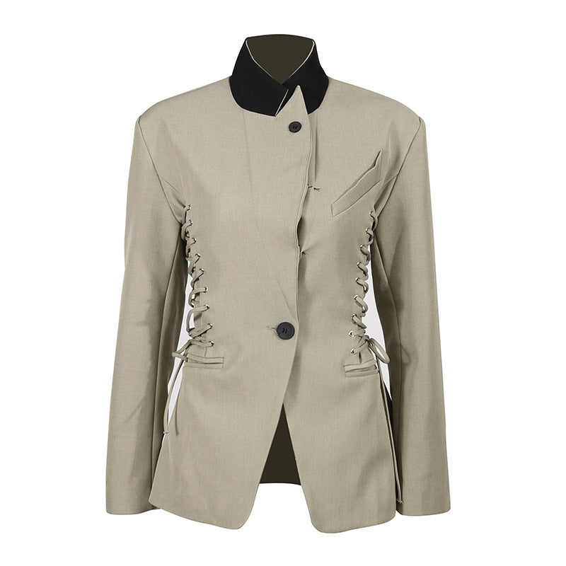 Women's Stand Collar Small Autumn Fashion Tie Waist Slimming Solid Blazers