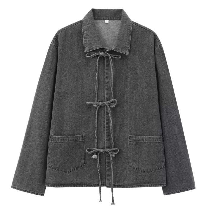 Women's Pocket Bow Long Sleeve Denim Shirt Jackets