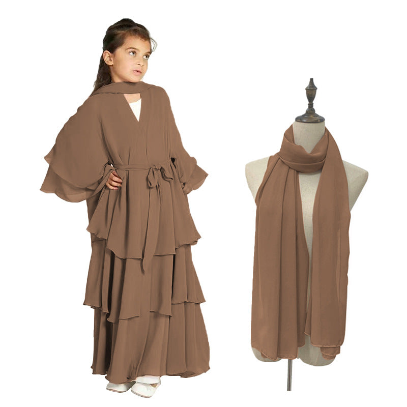 Children's Chiffon Elegant Belted With Scarf Sweet Dress