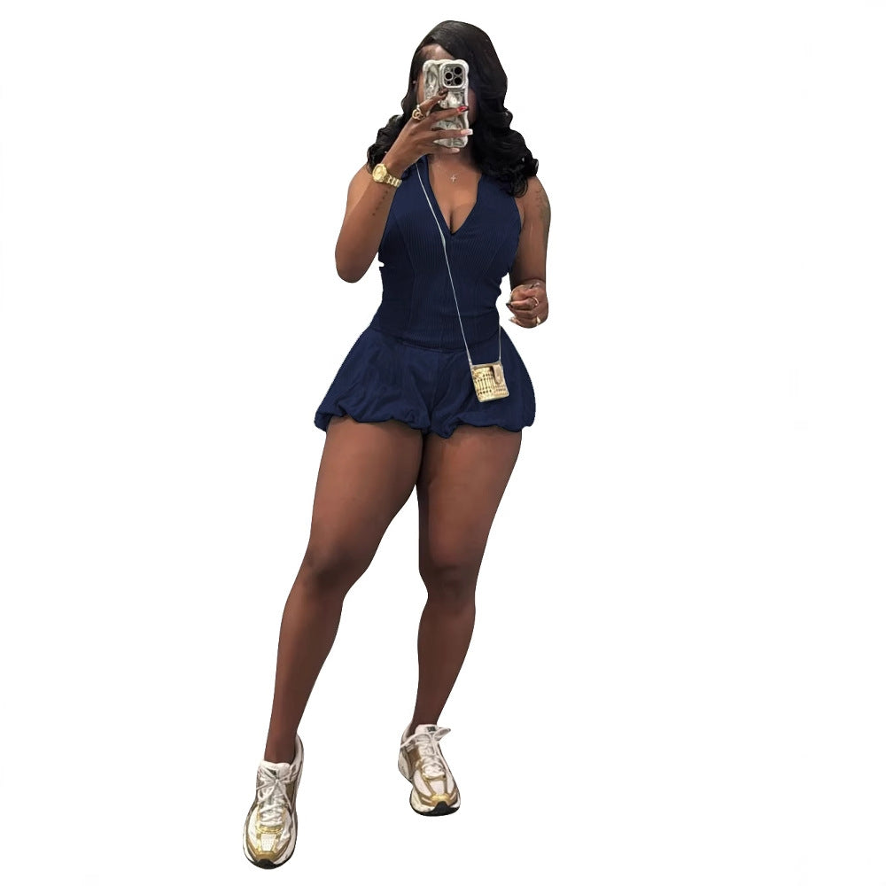 Women's Leisure Washed-out Sleeveless One-piece Bubble Shorts