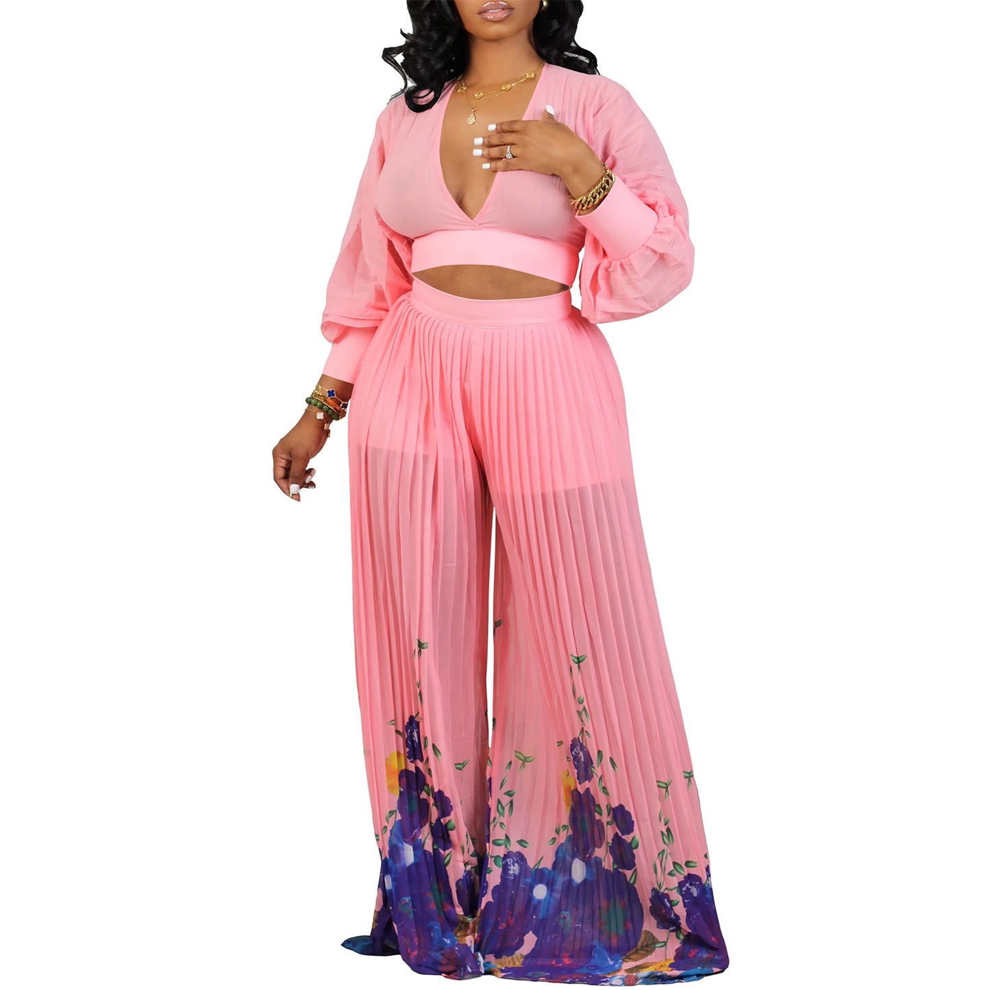 Pretty Chiffon Bishop Sleeves Pleated Two-piece Fashion Casual Suit