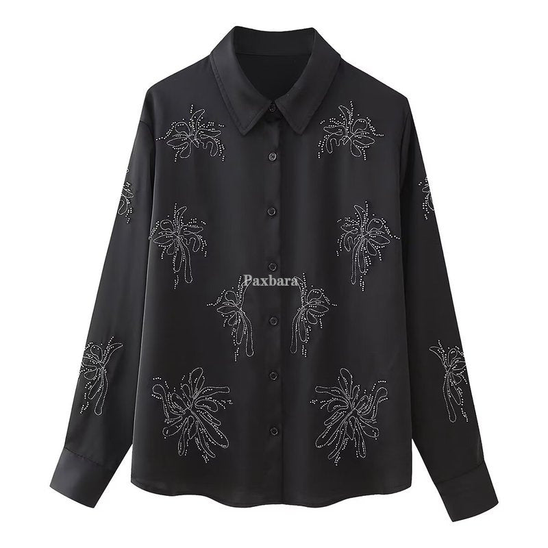 Women's Spring Lapel Beaded Long Sleeve Black Suits