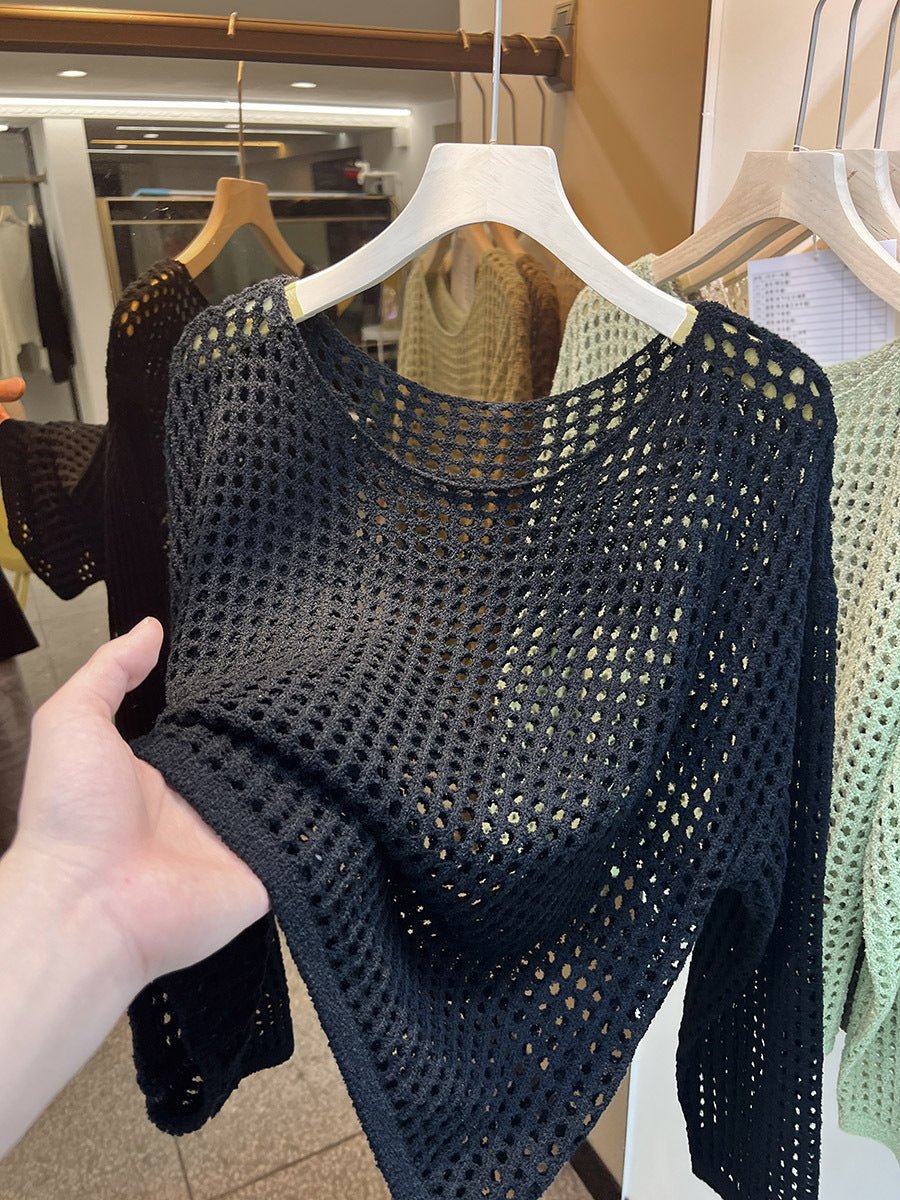 Women's Goods Long Sleeve Hollow Knitted Mesh Shirt Smock Outer Tops