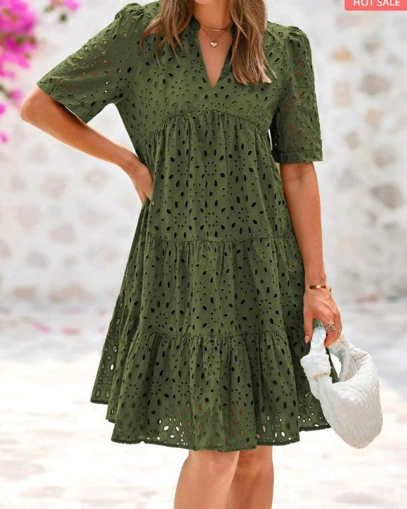 Women's Short-sleeved Beach Vacation Dress French Style Hollow Lace Dresses