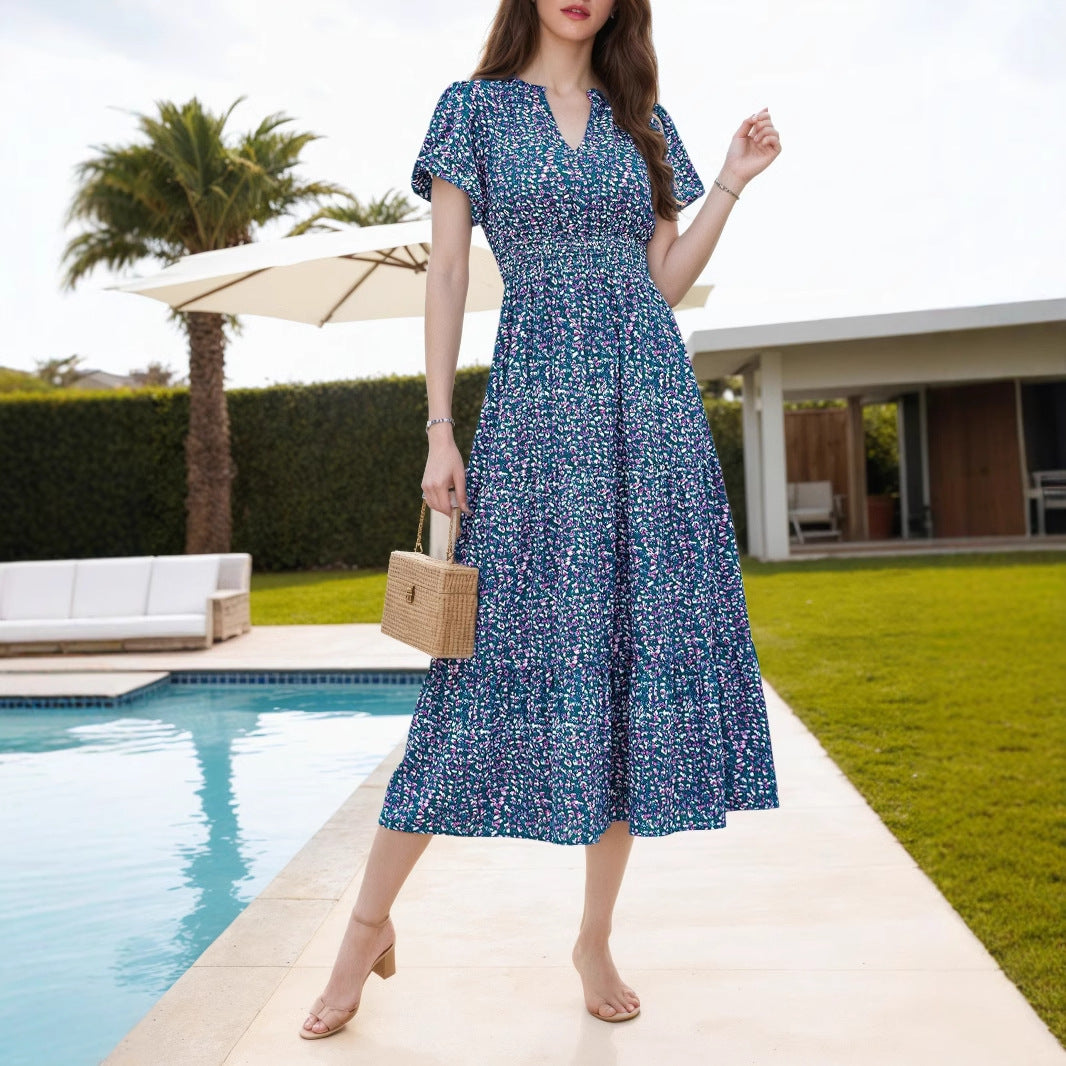 Women's Puff Sleeve Floral Sexy Print Waist Dress