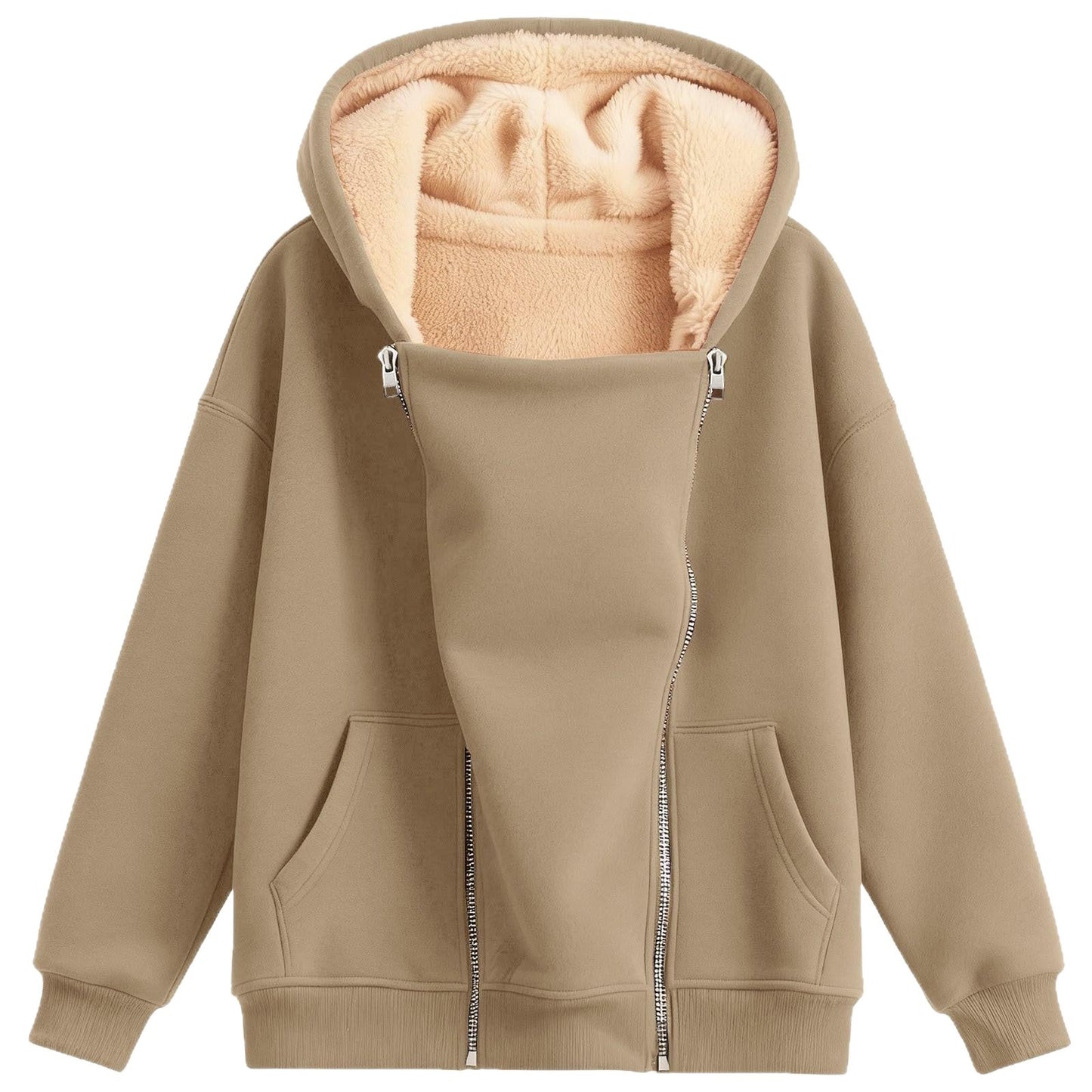 Women's Loose-fitting Hoodie Long Sleeve Zipper Pure Color Women's Sweater, Sweater