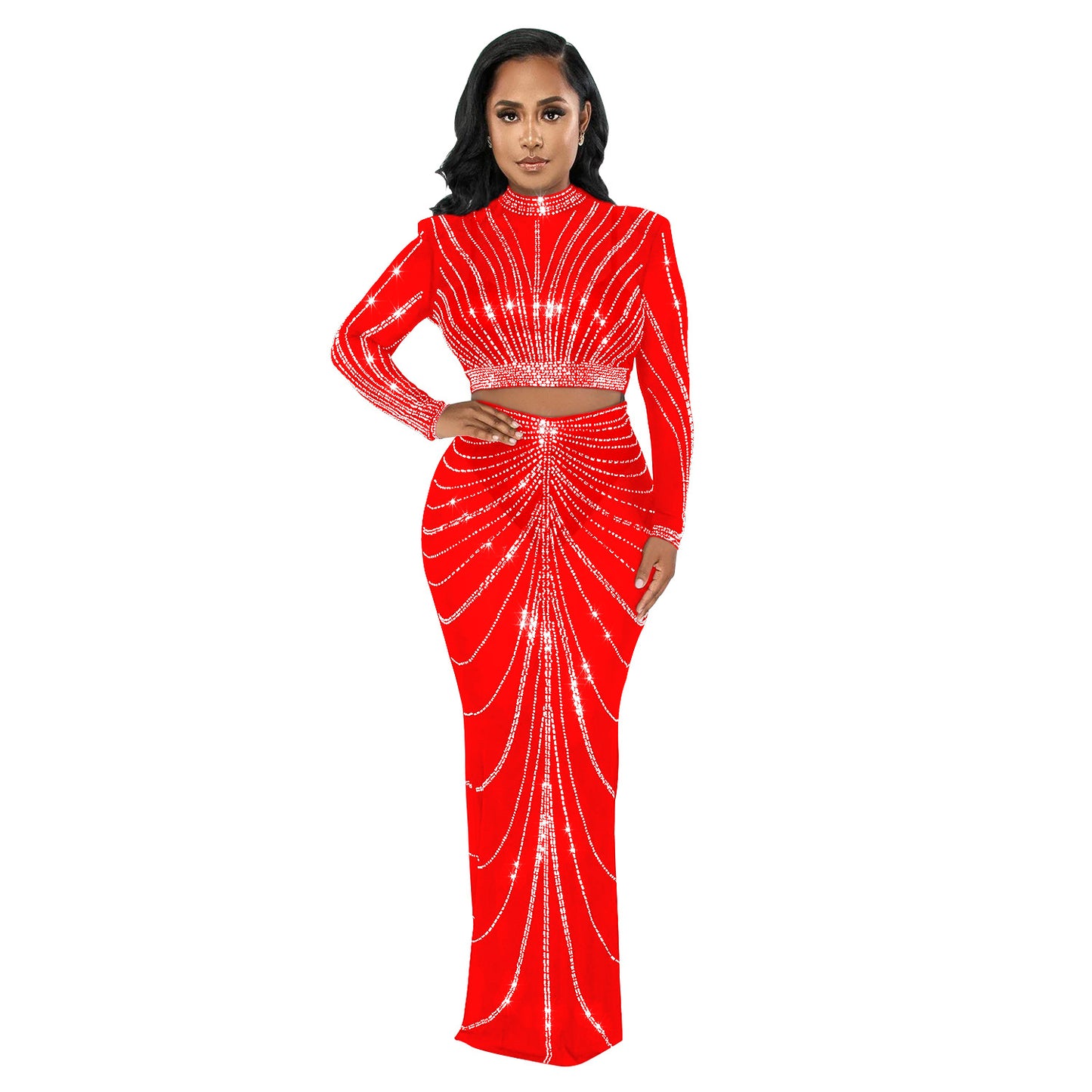 Women's Wear Mesh Hot Drilling Long Sleeve Suits