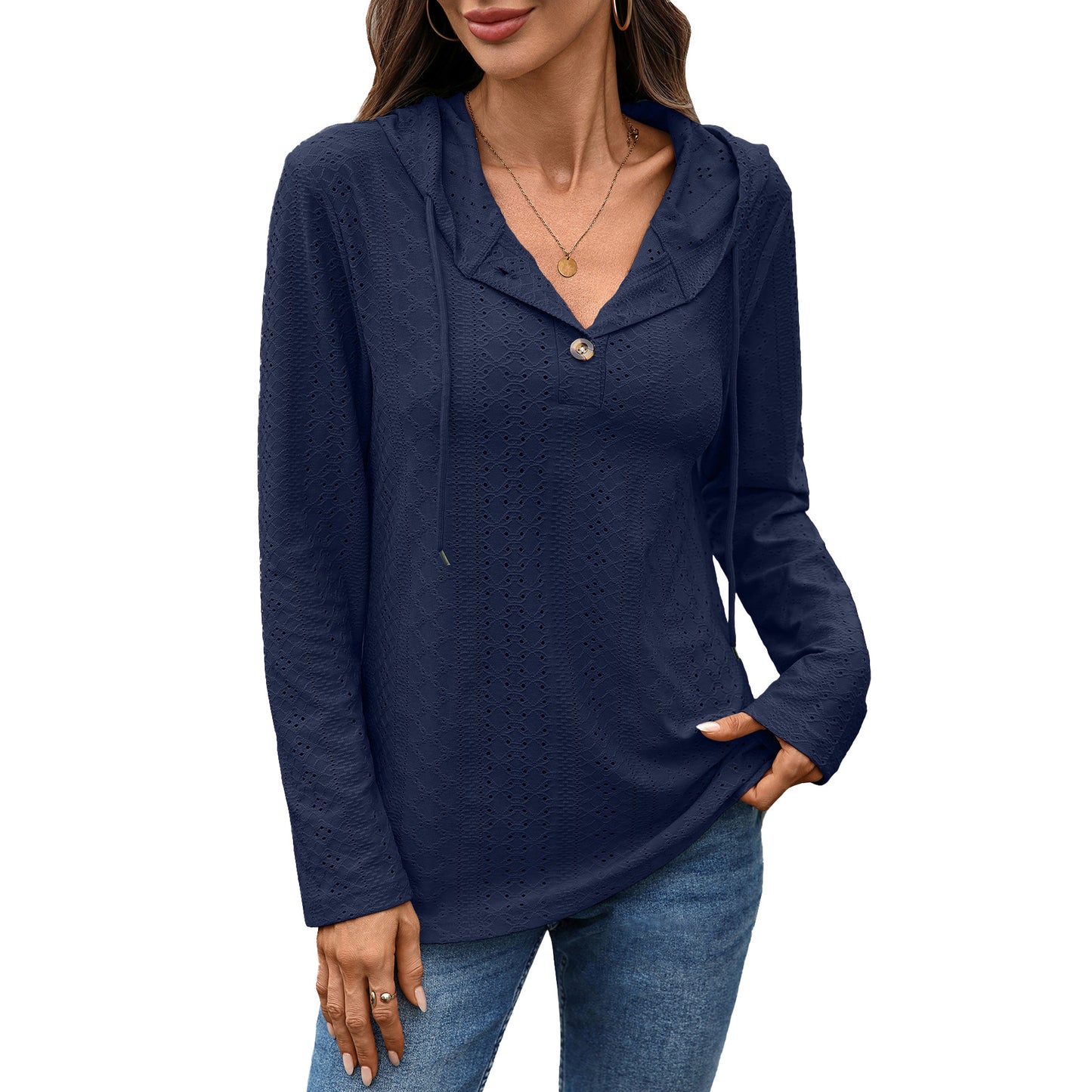 Women's Solid Color Buttons Hooded Loose Long Women's Sweater, Sweater