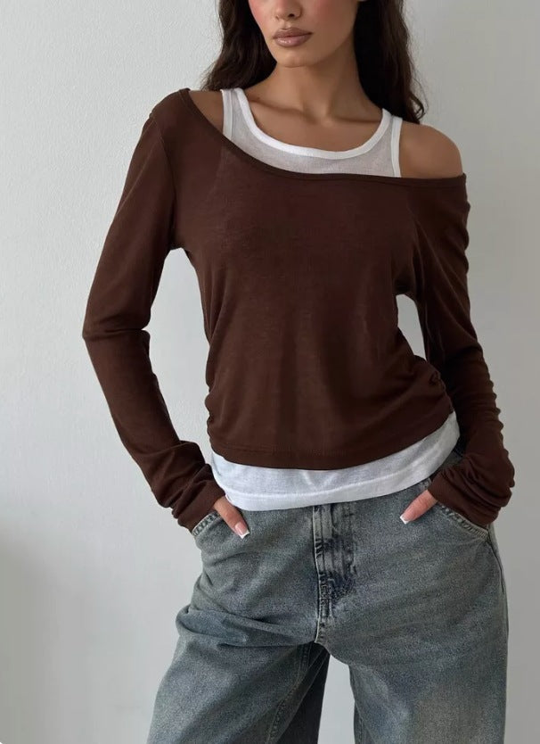 Women's Sense Fake Two Pieces Color Contrast Long Blouses