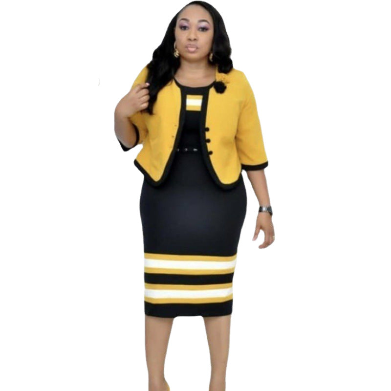 Women's African Striped Button Dress Two-piece Colors Suits