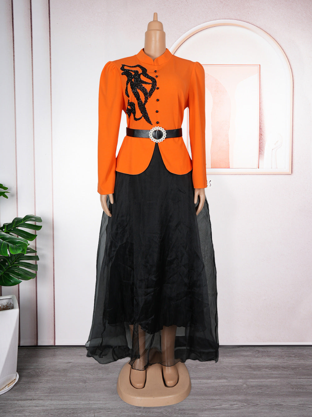 Women's Fashion Long Sleeve Button Two-piece Crystals Dresses