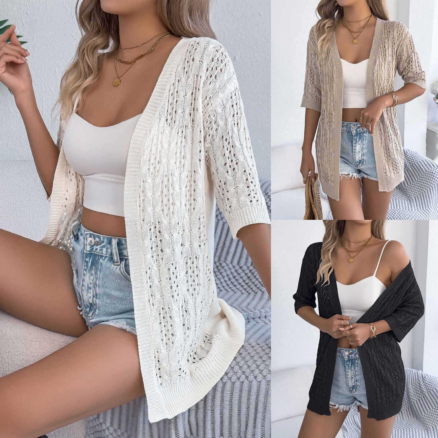 Women's Casual Solid Color Hollow Half-sleeved Mid-length Women's Sweater