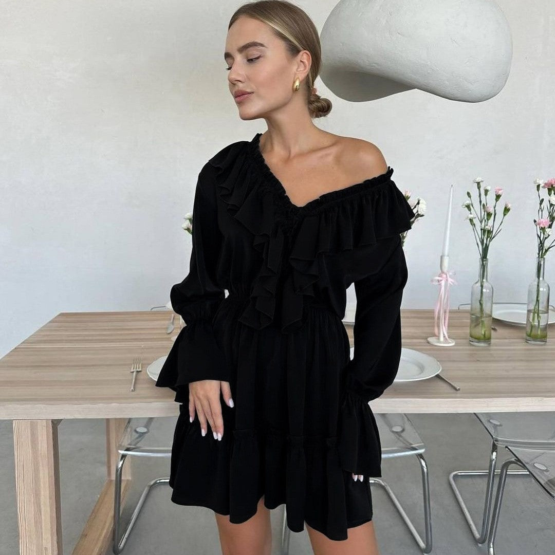 Women's Fashionable Pleating Bell Sleeve Ruffled White Dresses