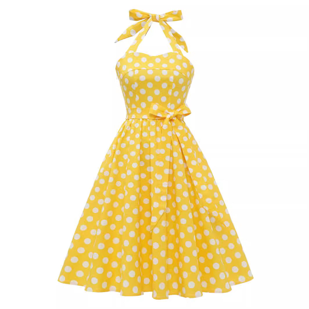 Hepburn Style Retro Dots Backless Halter Swing Puffy Dress Dresses