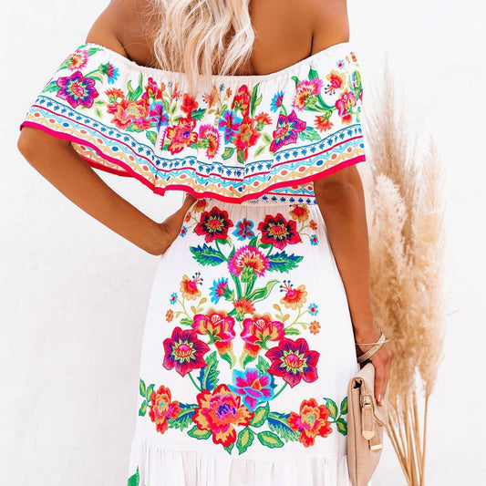 Women's Red Flower Print Long Large Hem Dresses